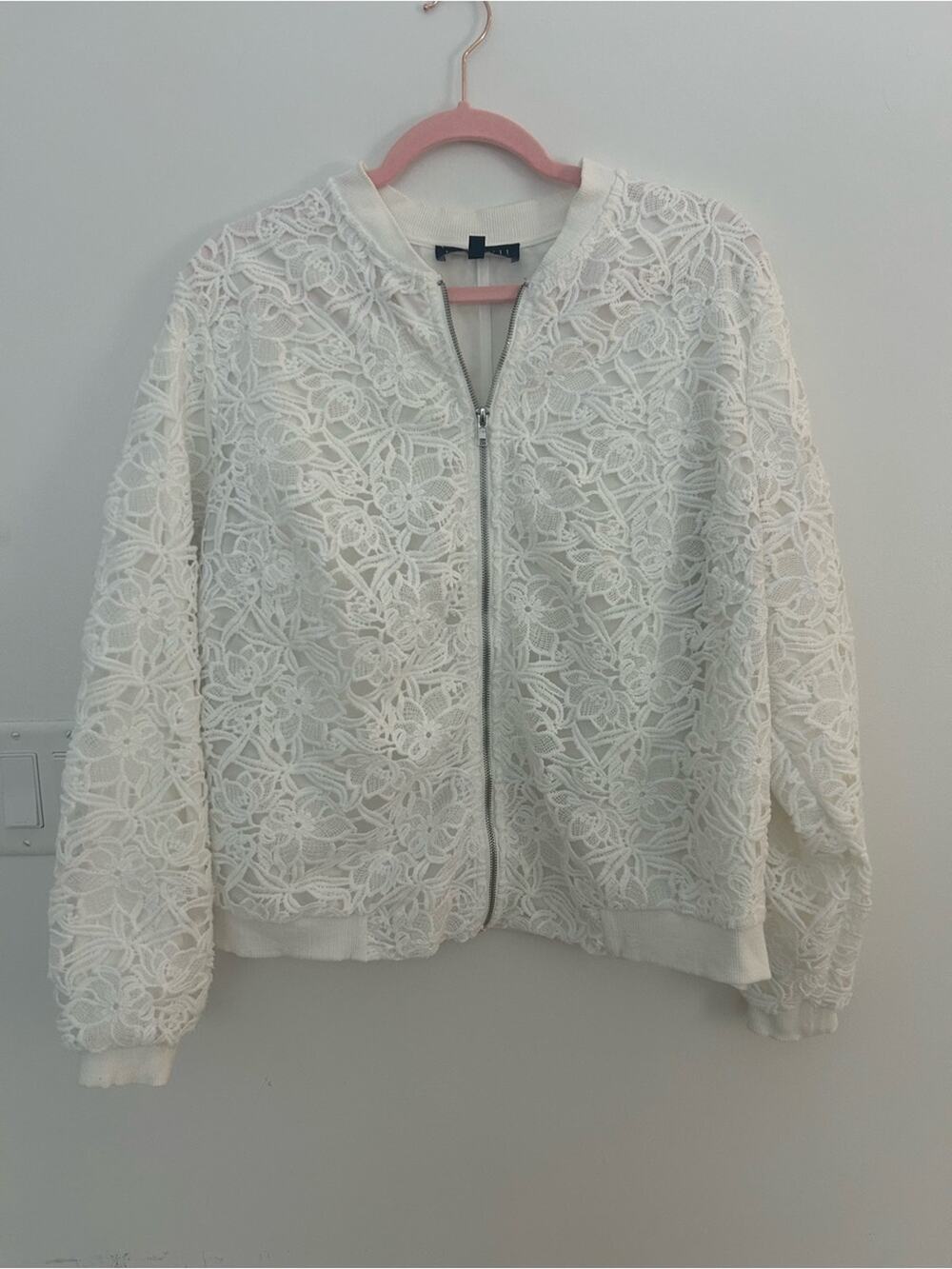 Eloquii Womenโs White Floral Lace Bomber Jacket Size 14 Romantic Feminine